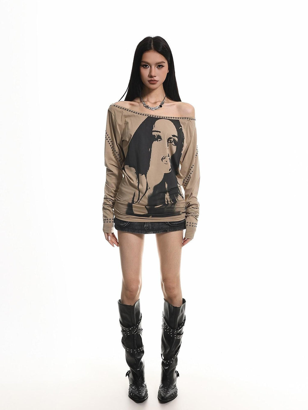XPKAEAX American Vintage Studded Portrait One Shoulder Women's Long Sleeve T-shirts