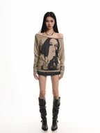 XPKAEAX American Vintage Studded Portrait One Shoulder Women's Long Sleeve T-shirts