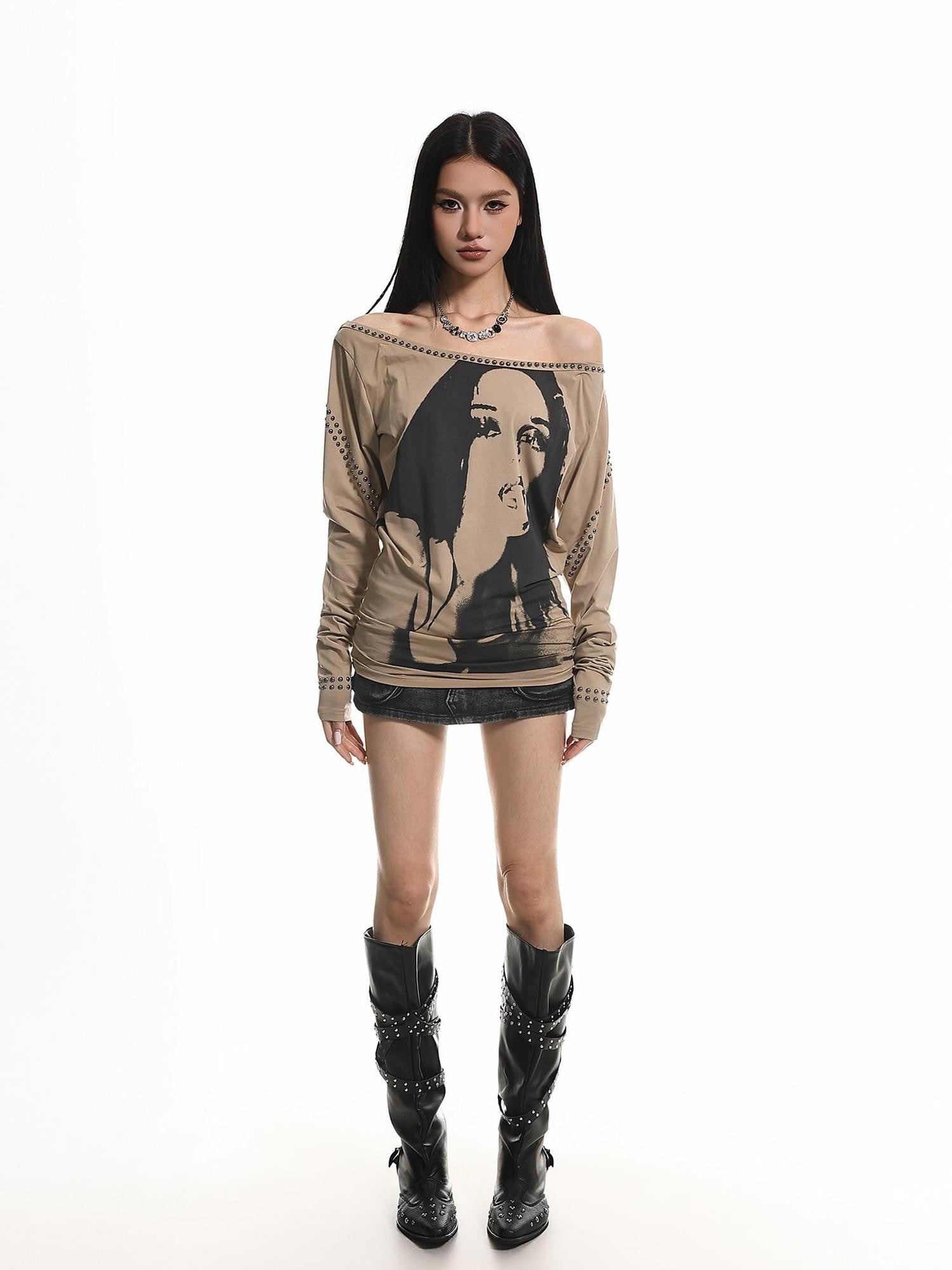 XPKAEAX American Vintage Studded Portrait One Shoulder Women's Long Sleeve T-shirts