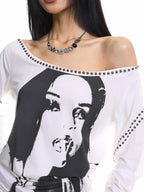 XPKAEAX American Vintage Studded Portrait One Shoulder Women's Long Sleeve T-shirts