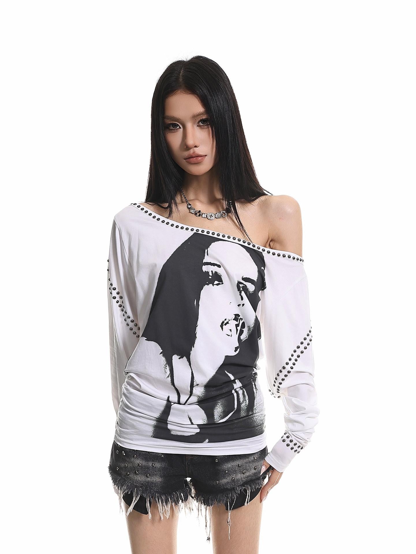 XPKAEAX American Vintage Studded Portrait One Shoulder Women's Long Sleeve T-shirts