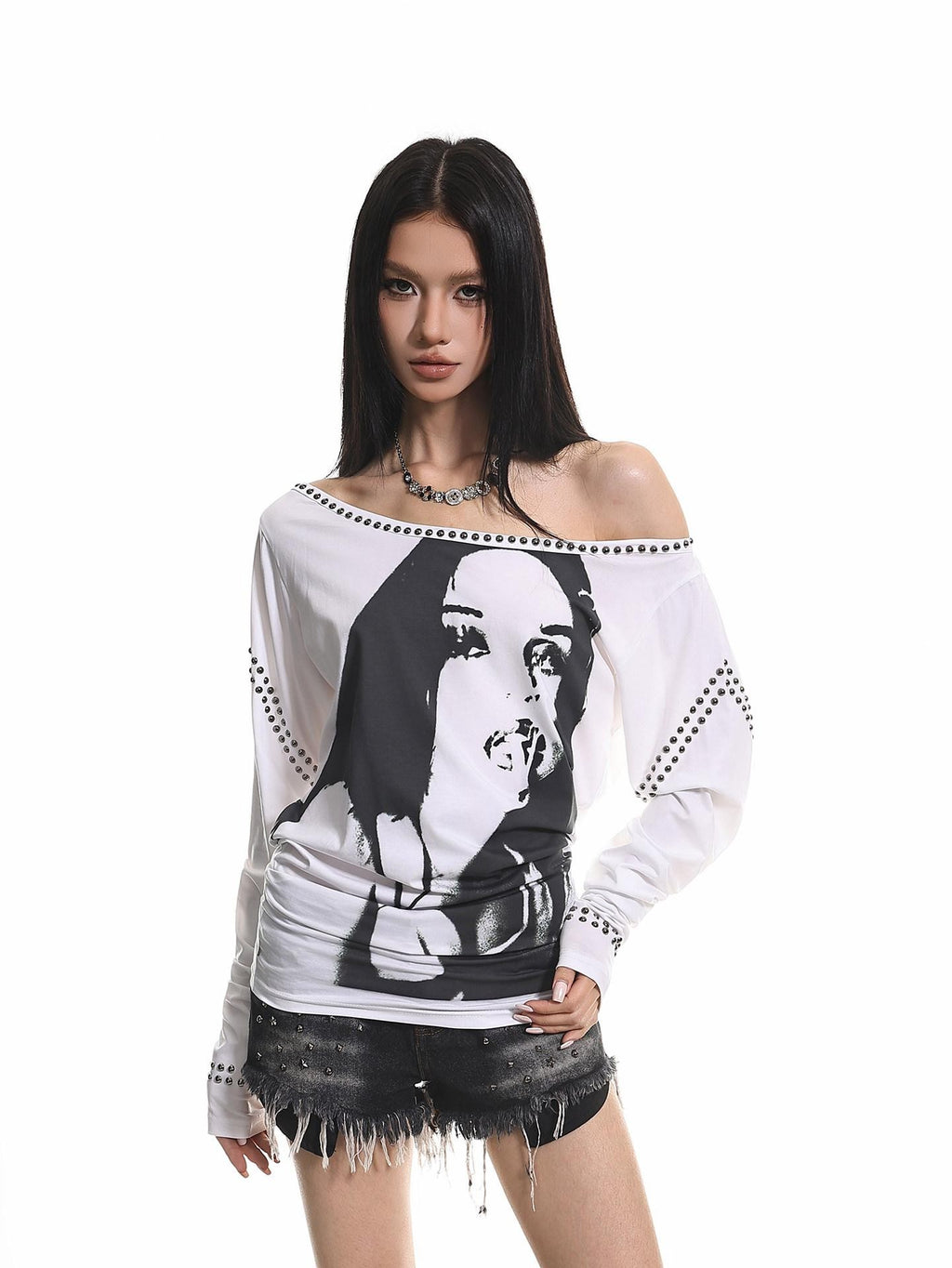 XPKAEAX American Vintage Studded Portrait One Shoulder Women's Long Sleeve T-shirts