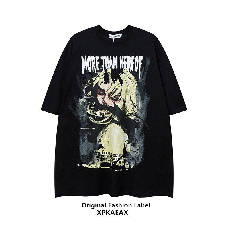 XPKAEAX Anime Character Print Oversize Drop Shoulder Women's Short Sleeve T-shirts 697267937307