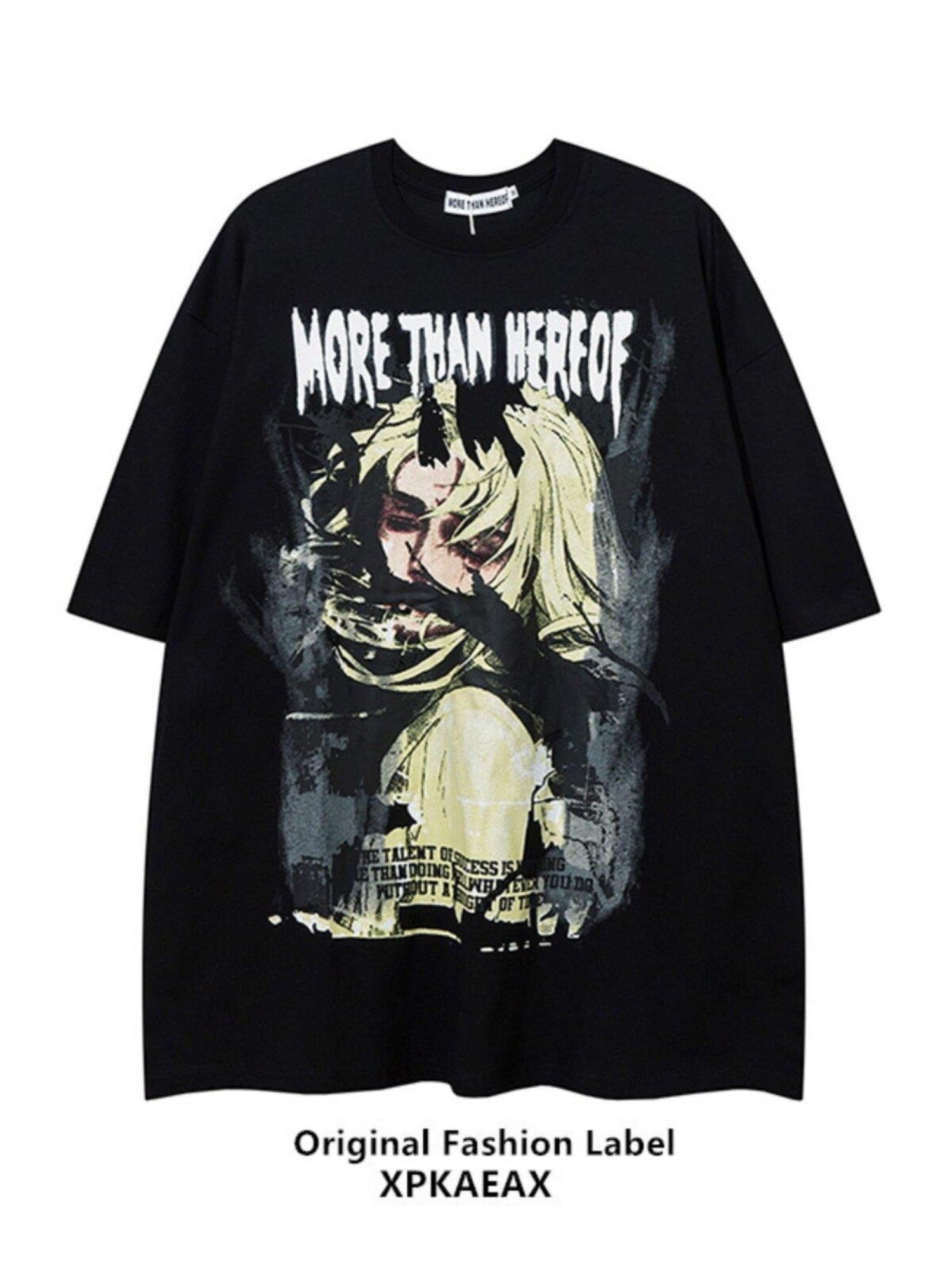 XPKAEAX Anime Character Print Oversize Drop Shoulder Women's Short Sleeve T-shirts