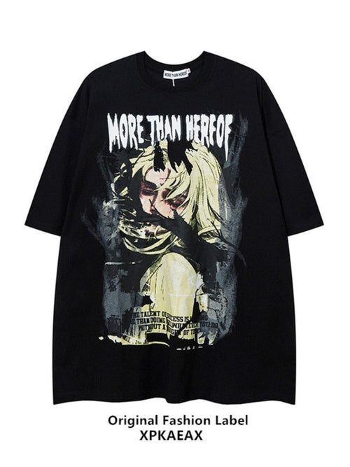XPKAEAX Anime Character Print Oversize Drop Shoulder Women's Short Sleeve T-shirts