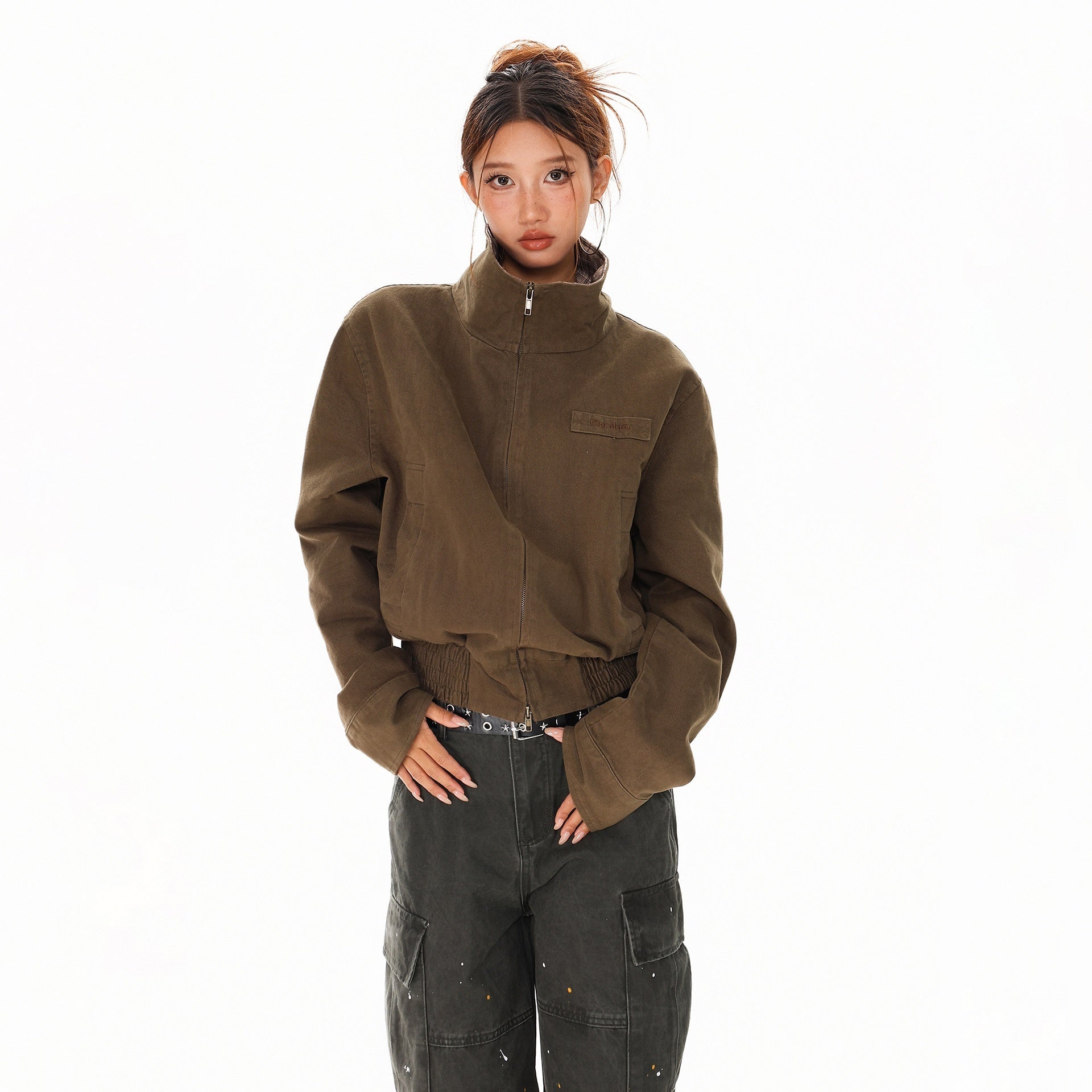 XPKAEAX Army Green Plaid Patchwork Embroidered Stand Collar Short Women's Bomber Jackets 981838490798