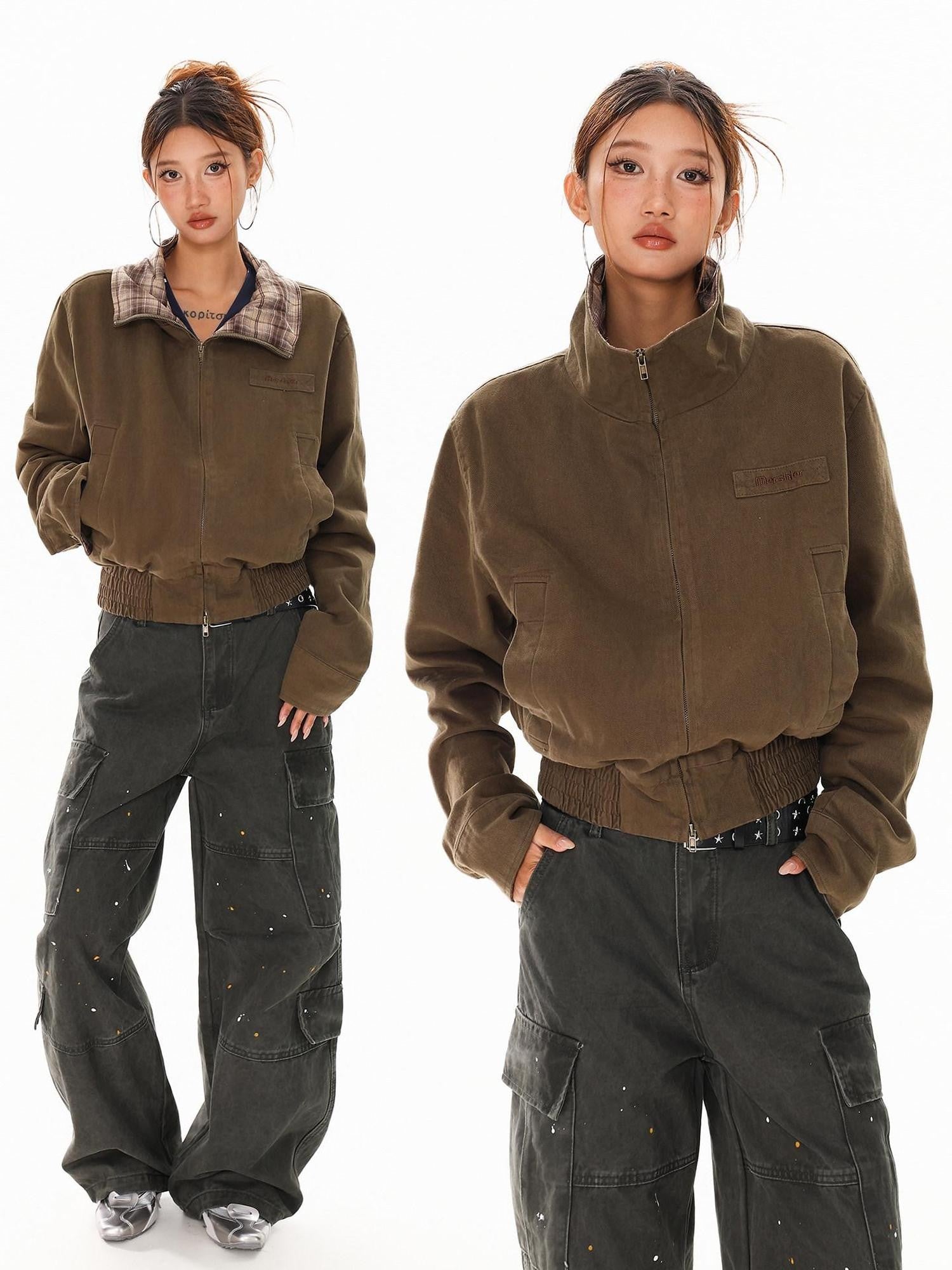XPKAEAX Army Green Plaid Patchwork Embroidered Stand Collar Short Women's Bomber Jackets