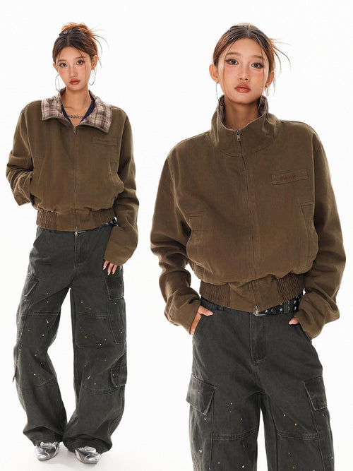 XPKAEAX Army Green Plaid Patchwork Embroidered Stand Collar Short Women's Bomber Jackets