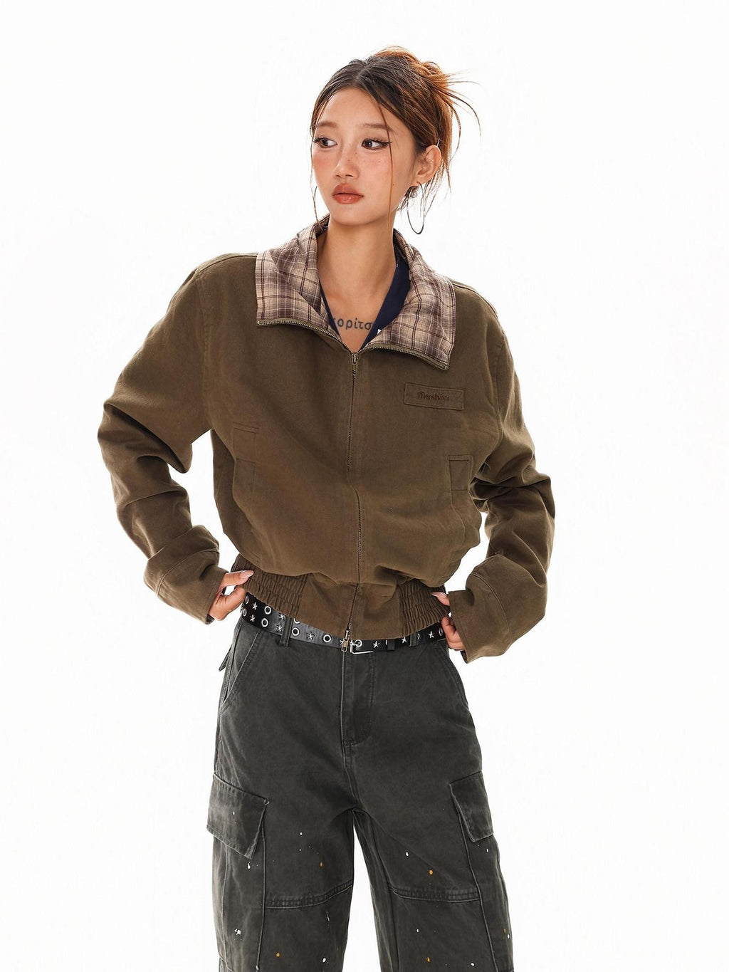 XPKAEAX Army Green Plaid Patchwork Embroidered Stand Collar Short Women's Bomber Jackets