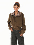 XPKAEAX Army Green Plaid Patchwork Embroidered Stand Collar Short Women's Bomber Jackets