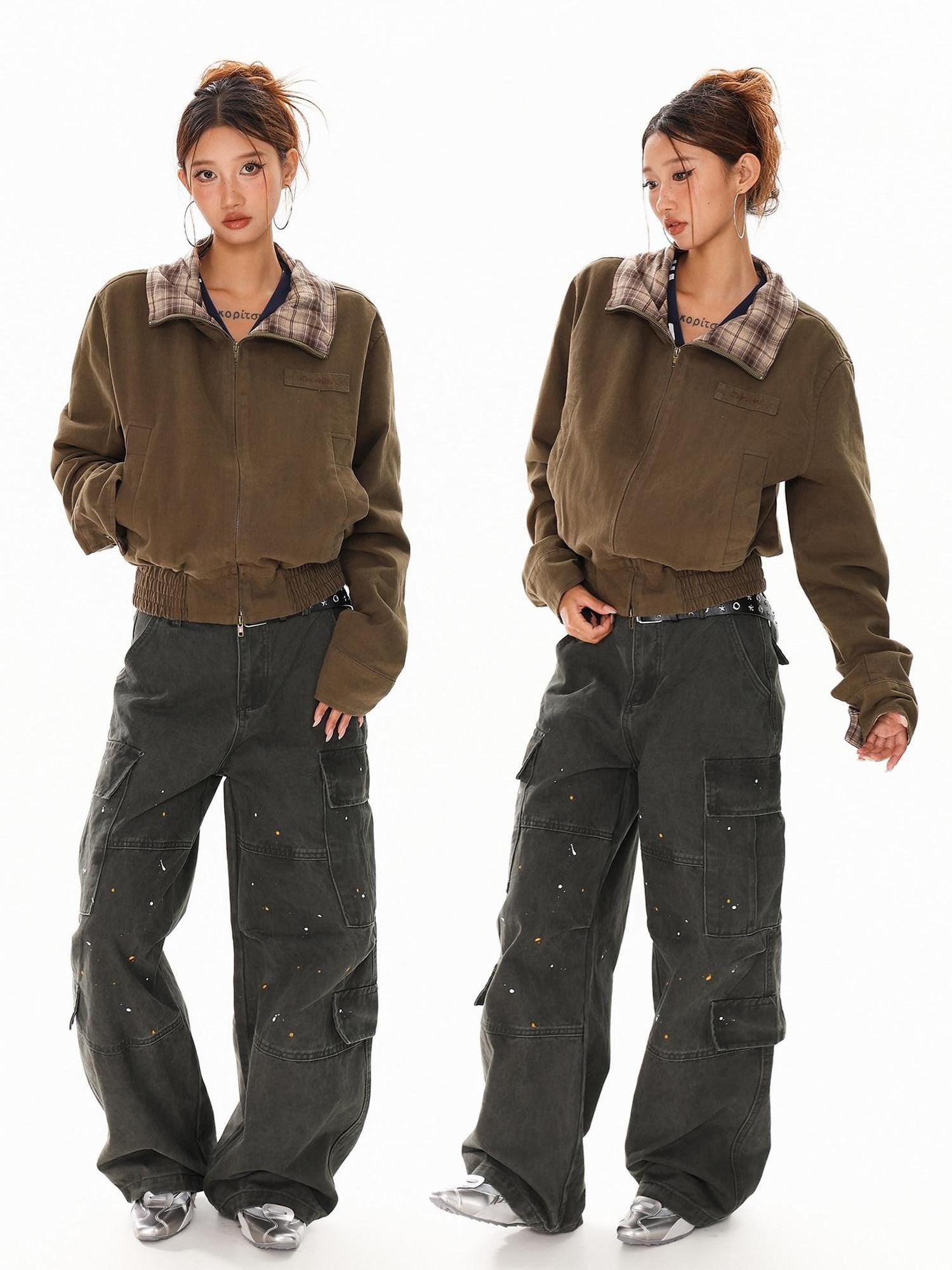 XPKAEAX Army Green Plaid Patchwork Embroidered Stand Collar Short Women's Bomber Jackets