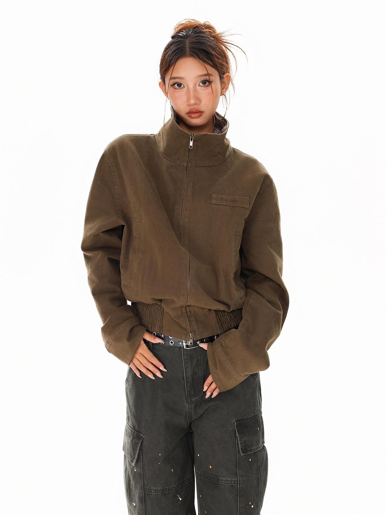 XPKAEAX Army Green Plaid Patchwork Embroidered Stand Collar Short Women's Bomber Jackets