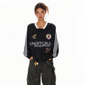 XPKAEAX Badge Letter Print V-neck Women's Breathable Long Sleeve T-shirts 972564774685