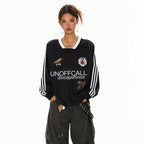 XPKAEAX Badge Letter Print V-neck Women's Breathable Long Sleeve T-shirts 972564774685