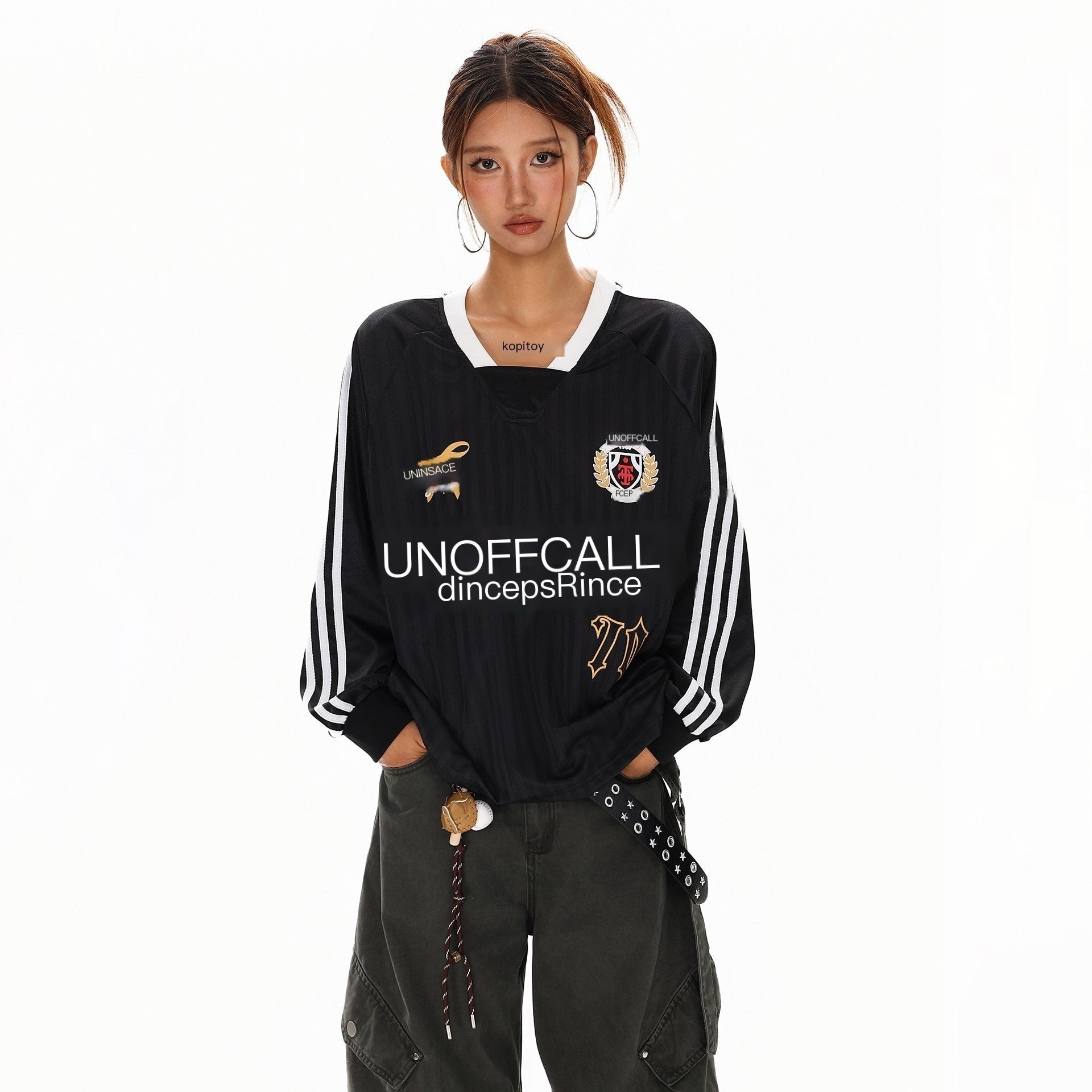 XPKAEAX Badge Letter Print V-neck Women's Breathable Long Sleeve T-shirts 972564774685