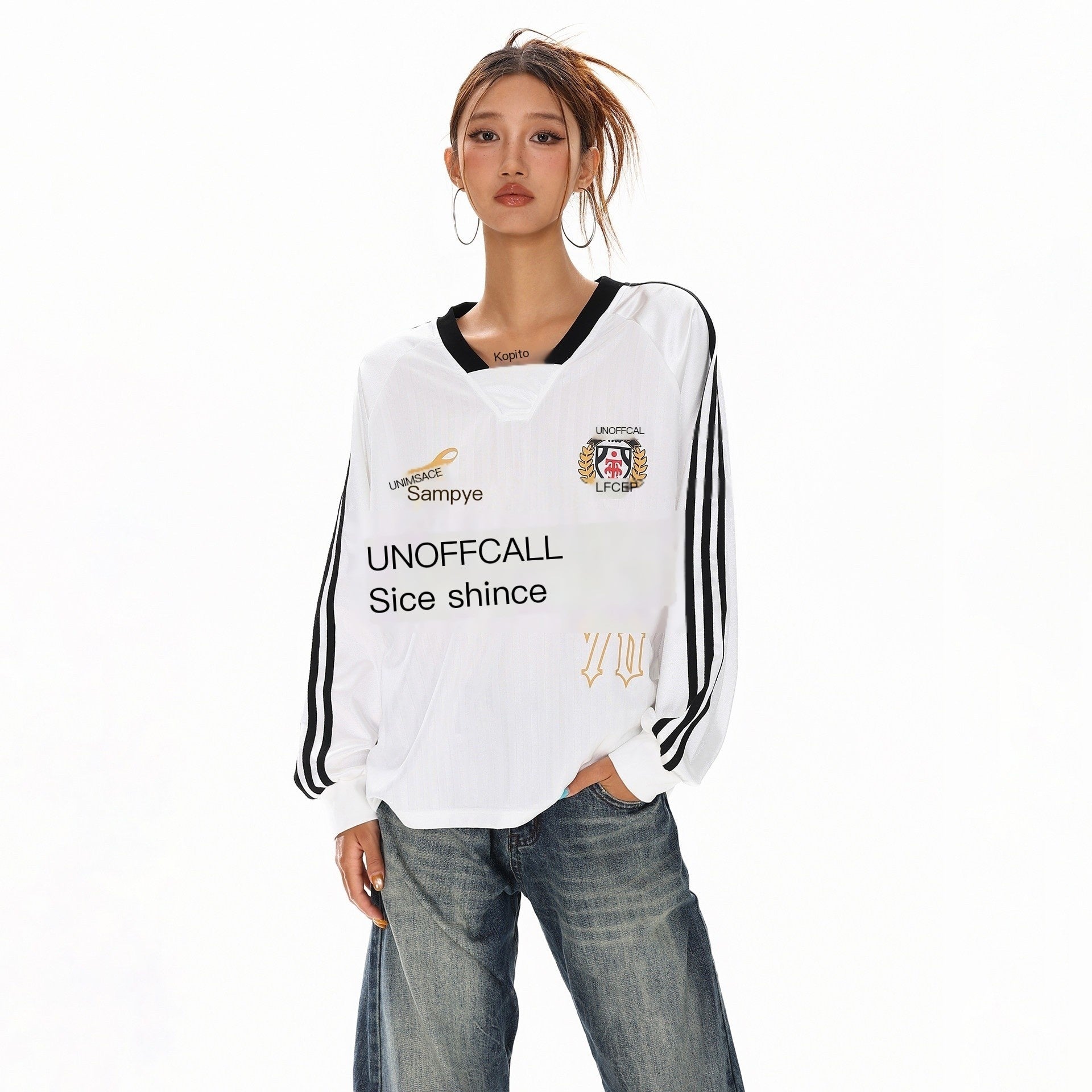 XPKAEAX Badge Letter Print V-neck Women's Breathable Long Sleeve T-shirts 972564774685