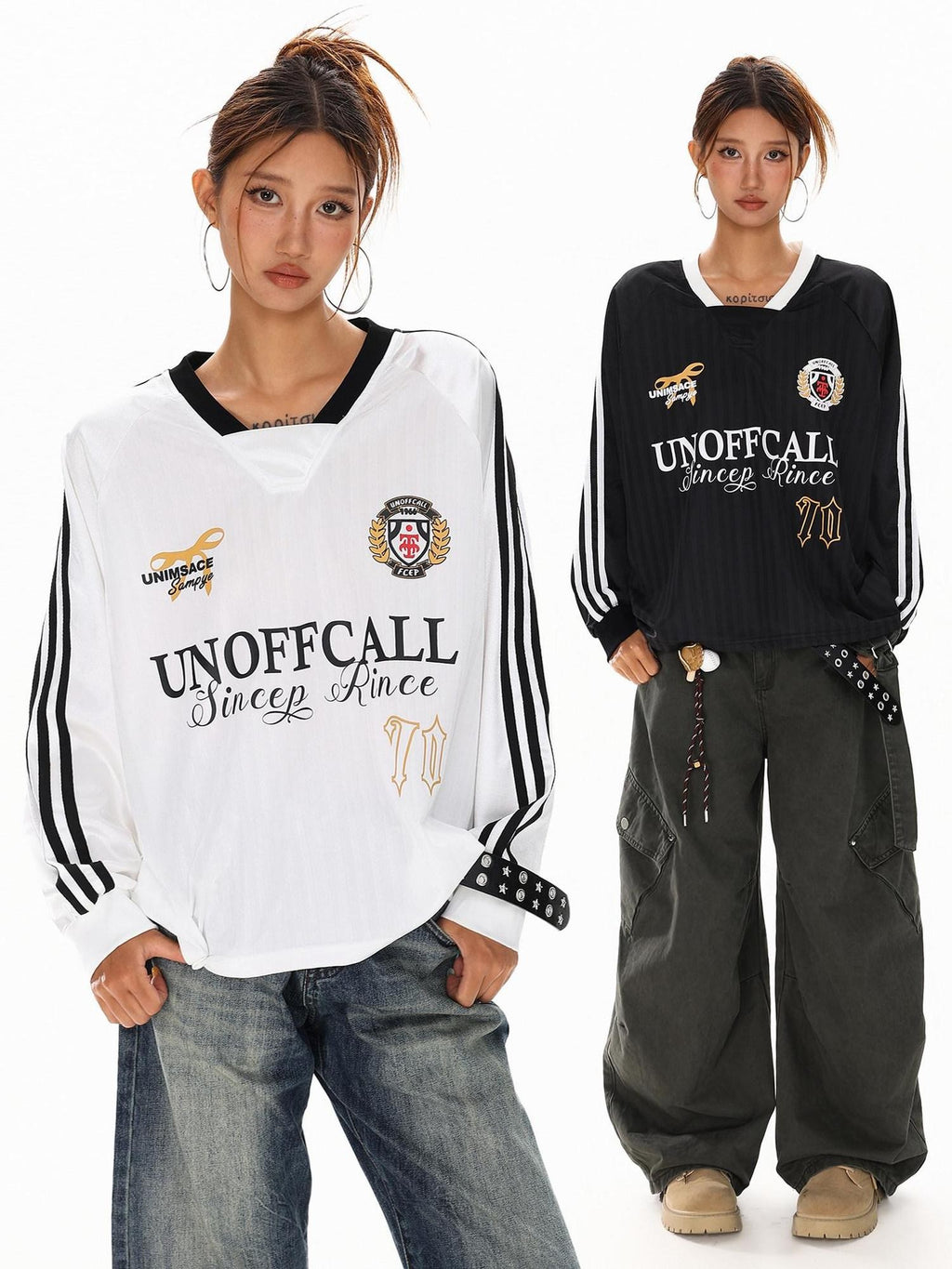 XPKAEAX Badge Letter Print V-neck Women's Breathable Long Sleeve T-shirts