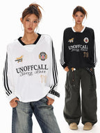 XPKAEAX Badge Letter Print V-neck Women's Breathable Long Sleeve T-shirts