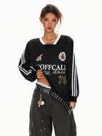XPKAEAX Badge Letter Print V-neck Women's Breathable Long Sleeve T-shirts