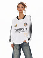 XPKAEAX Badge Letter Print V-neck Women's Breathable Long Sleeve T-shirts