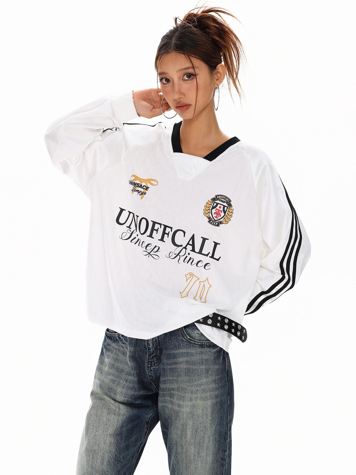 XPKAEAX Badge Letter Print V-neck Women's Breathable Long Sleeve T-shirts