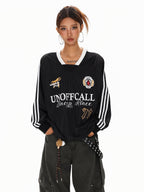 XPKAEAX Badge Letter Print V-neck Women's Breathable Long Sleeve T-shirts