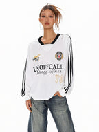 XPKAEAX Badge Letter Print V-neck Women's Breathable Long Sleeve T-shirts