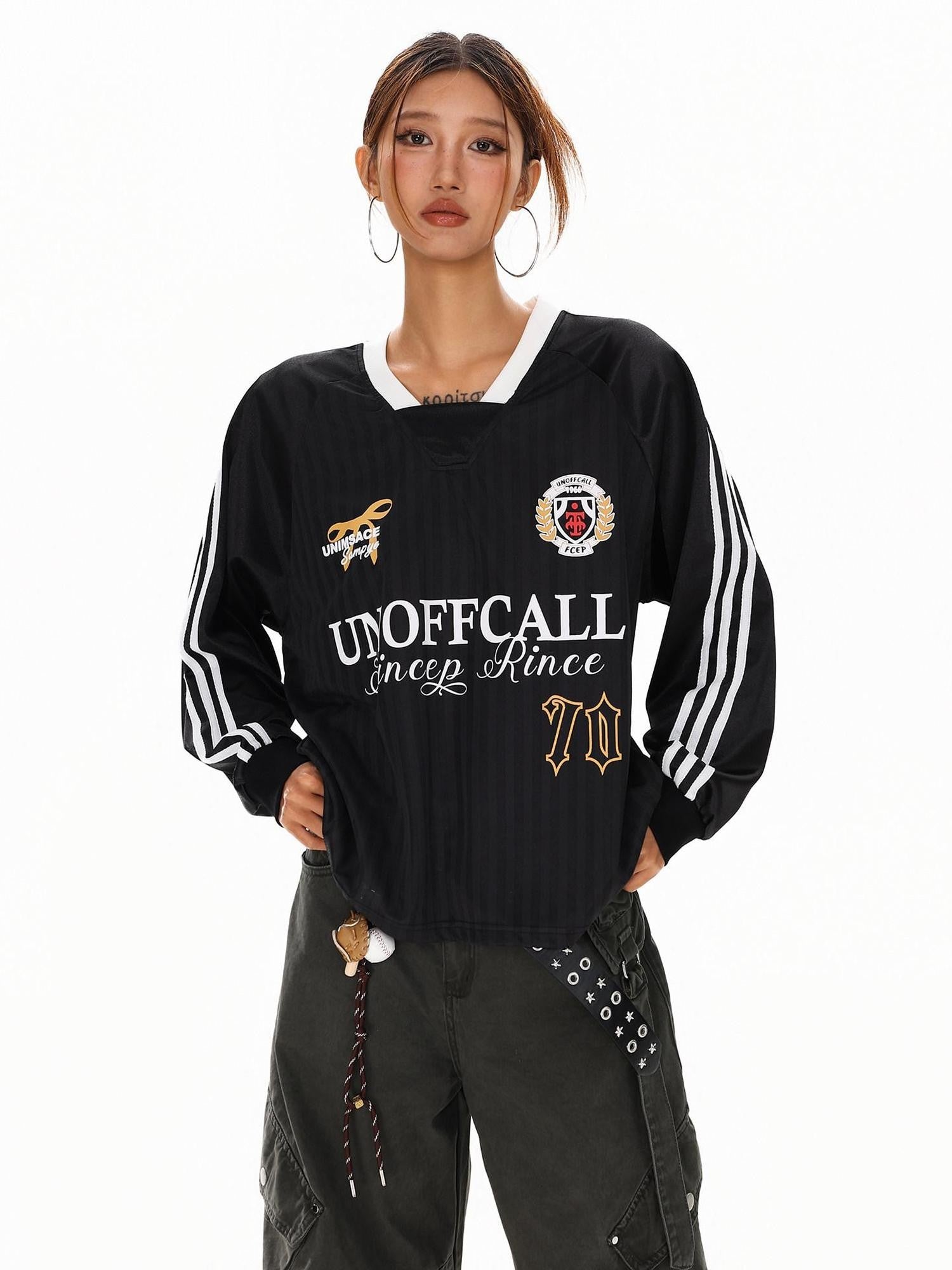 XPKAEAX Badge Letter Print V-neck Women's Breathable Long Sleeve T-shirts