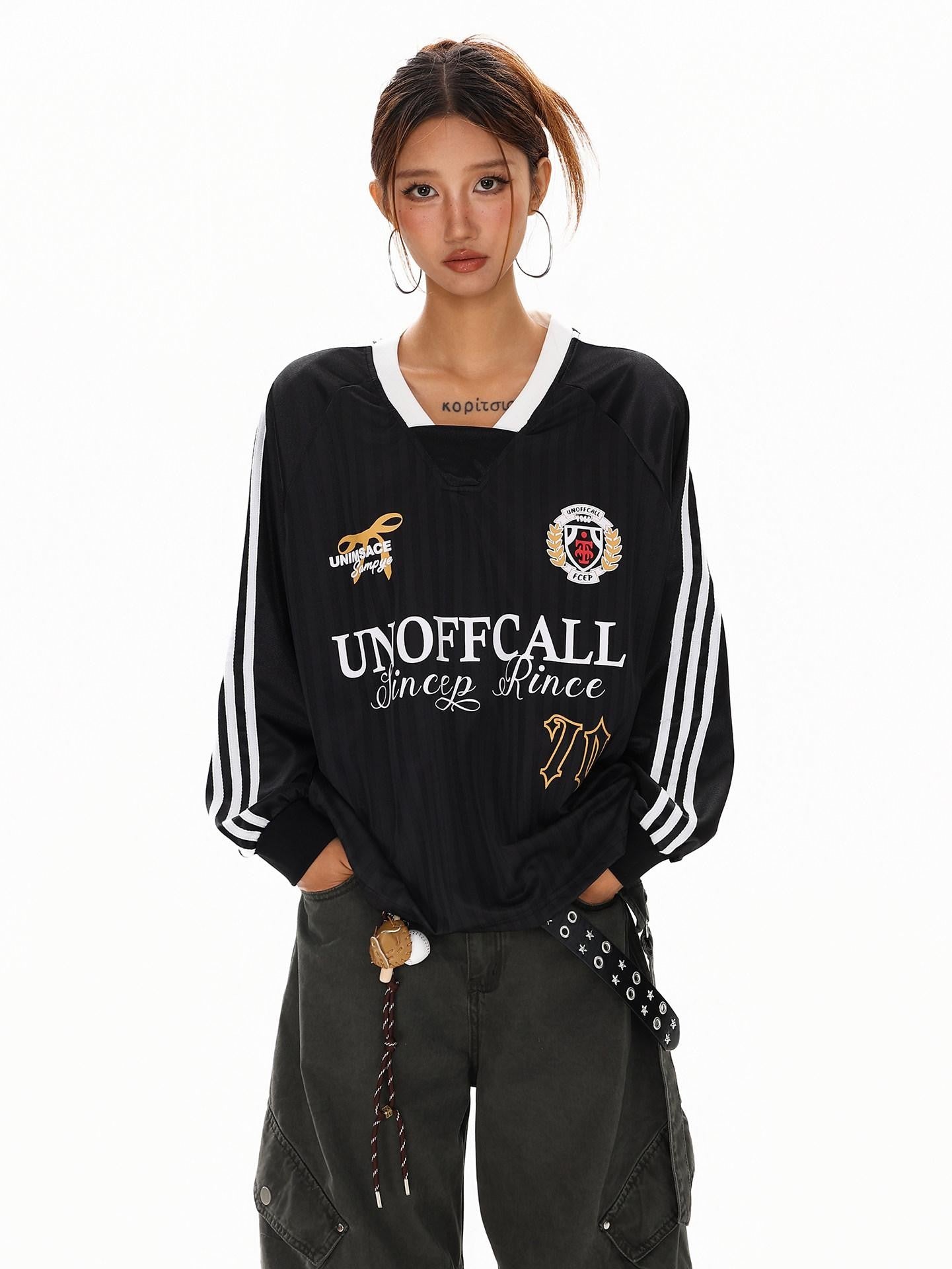 XPKAEAX Badge Letter Print V-neck Women's Breathable Long Sleeve T-shirts