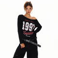 XPKAEAX Black White Letter Print Asymmetric One Shoulder Women's Long Sleeve T-shirts 973891840702