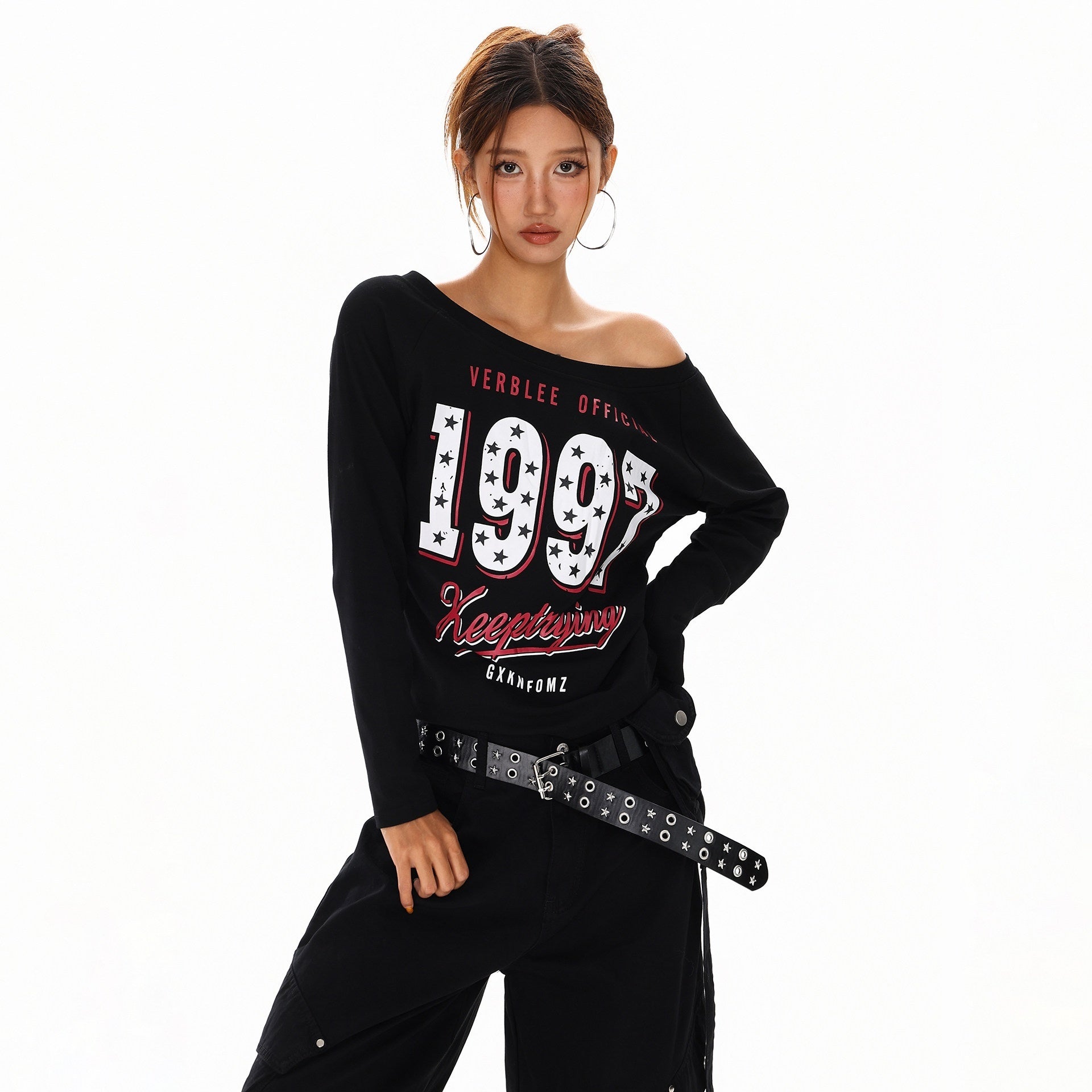 XPKAEAX Black White Letter Print Asymmetric One Shoulder Women's Long Sleeve T-shirts 973891840702