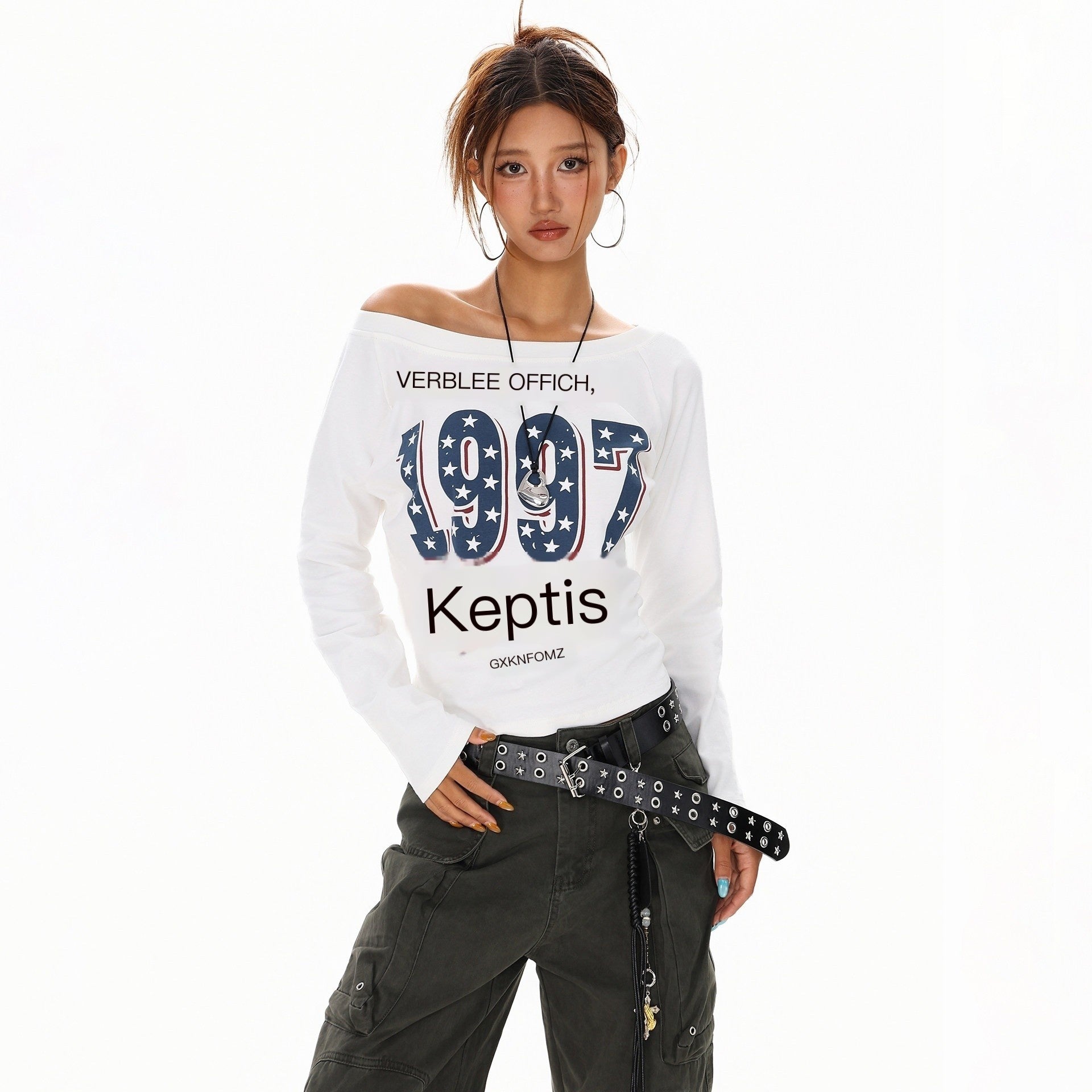 XPKAEAX Black White Letter Print Asymmetric One Shoulder Women's Long Sleeve T-shirts 973891840702