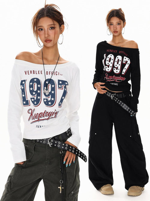 XPKAEAX Black White Letter Print Asymmetric One Shoulder Women's Long Sleeve T-shirts