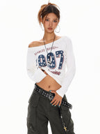 XPKAEAX Black White Letter Print Asymmetric One Shoulder Women's Long Sleeve T-shirts