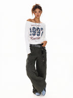 XPKAEAX Black White Letter Print Asymmetric One Shoulder Women's Long Sleeve T-shirts