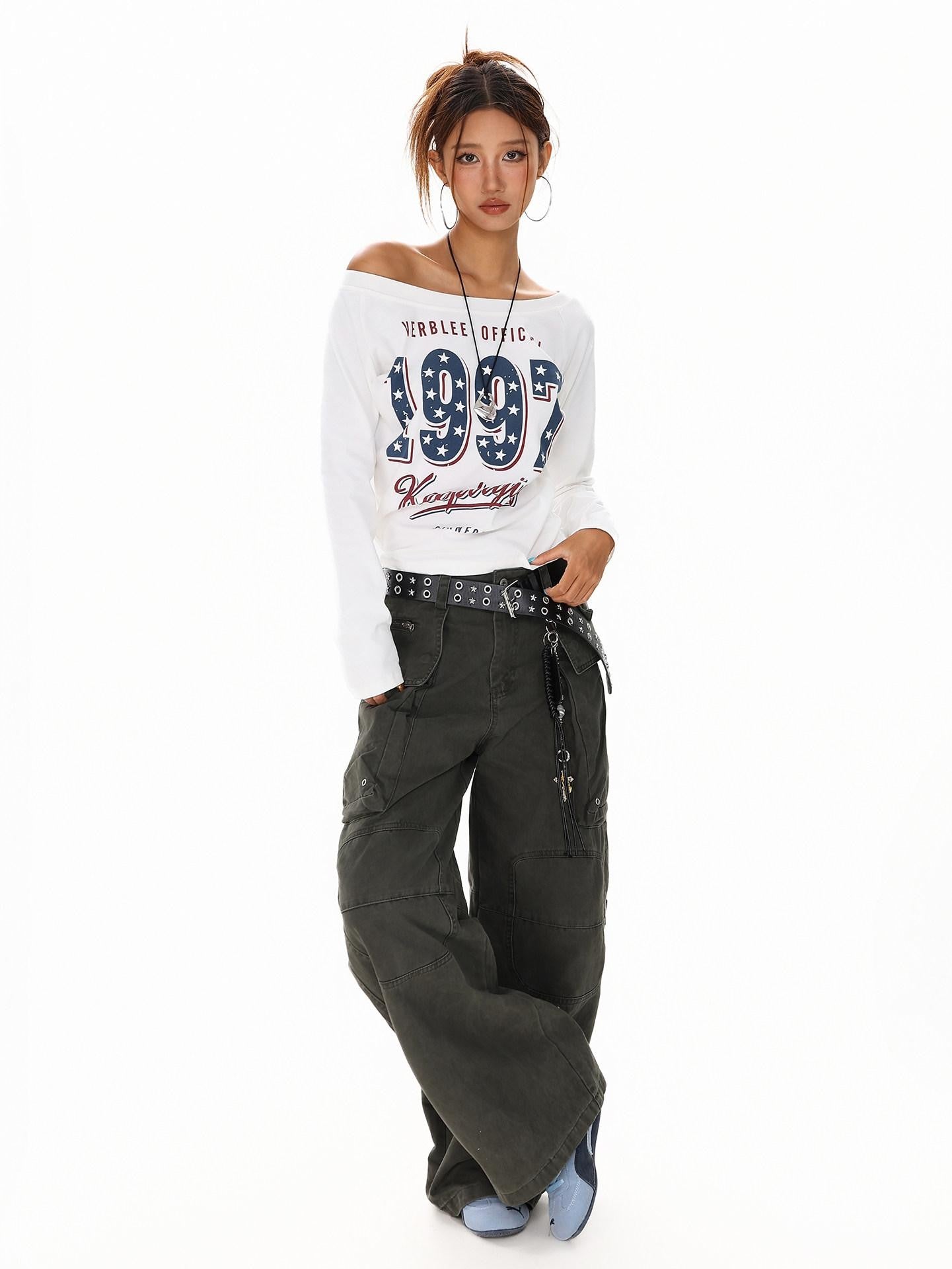 XPKAEAX Black White Letter Print Asymmetric One Shoulder Women's Long Sleeve T-shirts