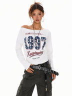XPKAEAX Black White Letter Print Asymmetric One Shoulder Women's Long Sleeve T-shirts