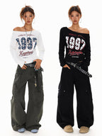 XPKAEAX Black White Letter Print Asymmetric One Shoulder Women's Long Sleeve T-shirts