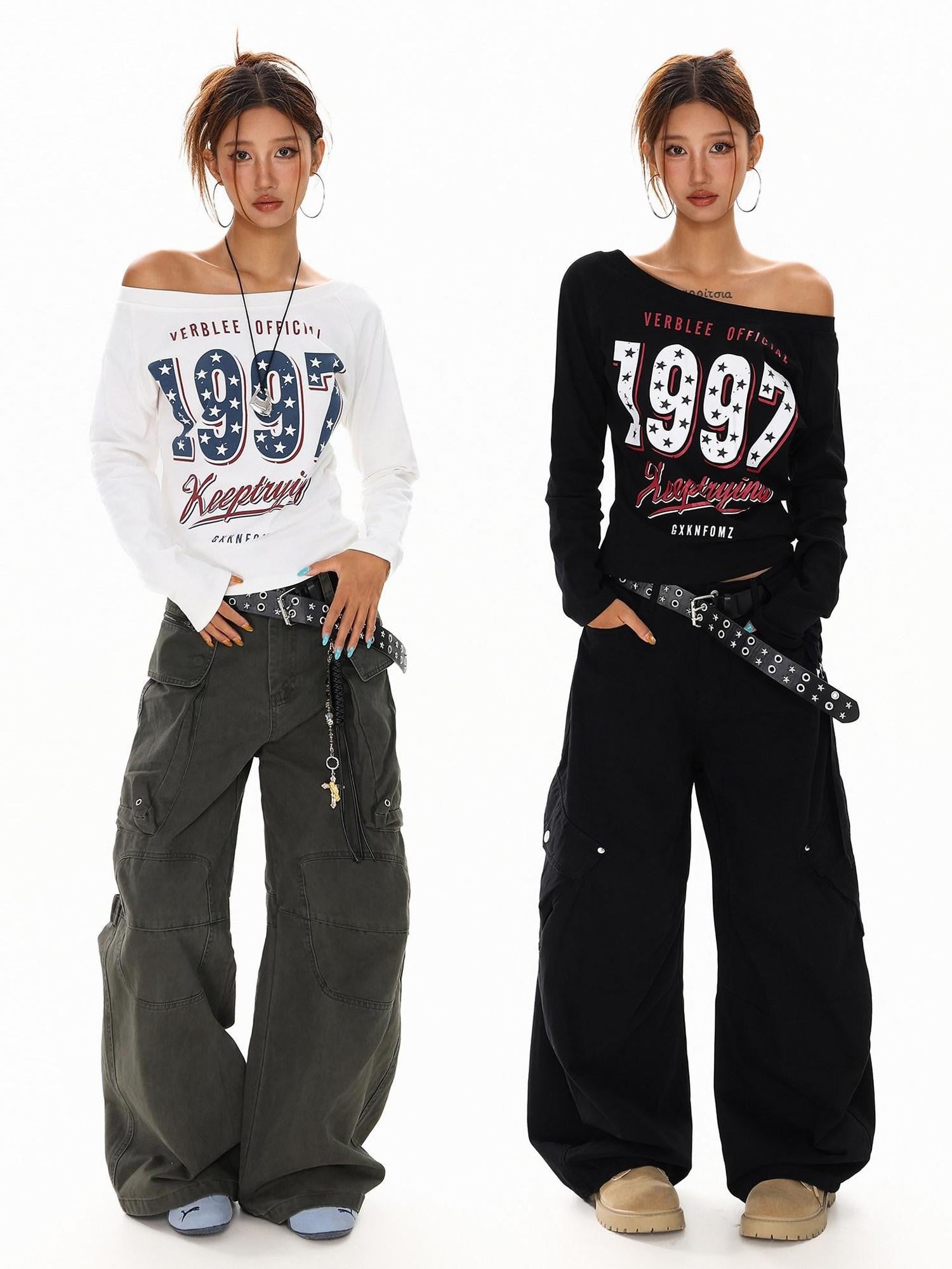 XPKAEAX Black White Letter Print Asymmetric One Shoulder Women's Long Sleeve T-shirts