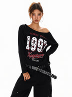 XPKAEAX Black White Letter Print Asymmetric One Shoulder Women's Long Sleeve T-shirts