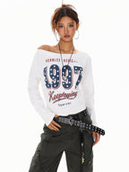 XPKAEAX Black White Letter Print Asymmetric One Shoulder Women's Long Sleeve T-shirts
