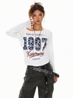 XPKAEAX Black White Letter Print Asymmetric One Shoulder Women's Long Sleeve T-shirts