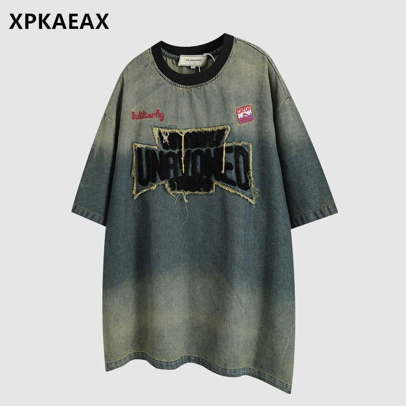 XPKAEAX Blue Distressed Patch Embroidered Women's Denim Short Sleeve T-shirts 800428766235