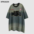 XPKAEAX Blue Distressed Patch Embroidered Women's Denim Short Sleeve T-shirts 800428766235
