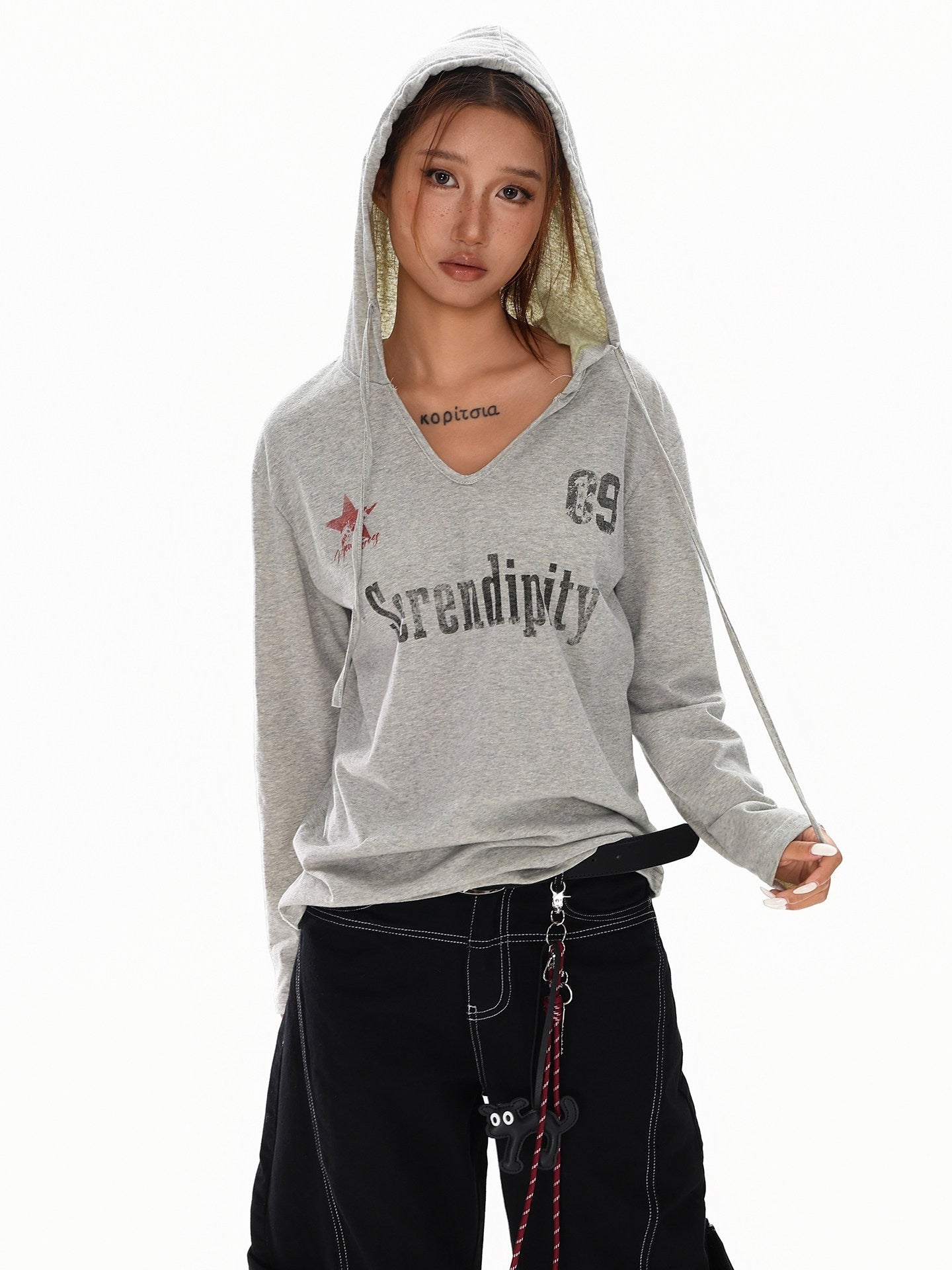 XPKAEAX Blue Gray Hooded Alphanumeric Print Slim Women's Breathable Long Sleeve T-shirts 958652169197