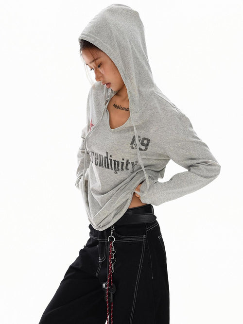 XPKAEAX Blue Gray Hooded Alphanumeric Print Slim Women's Breathable Long Sleeve T-shirts