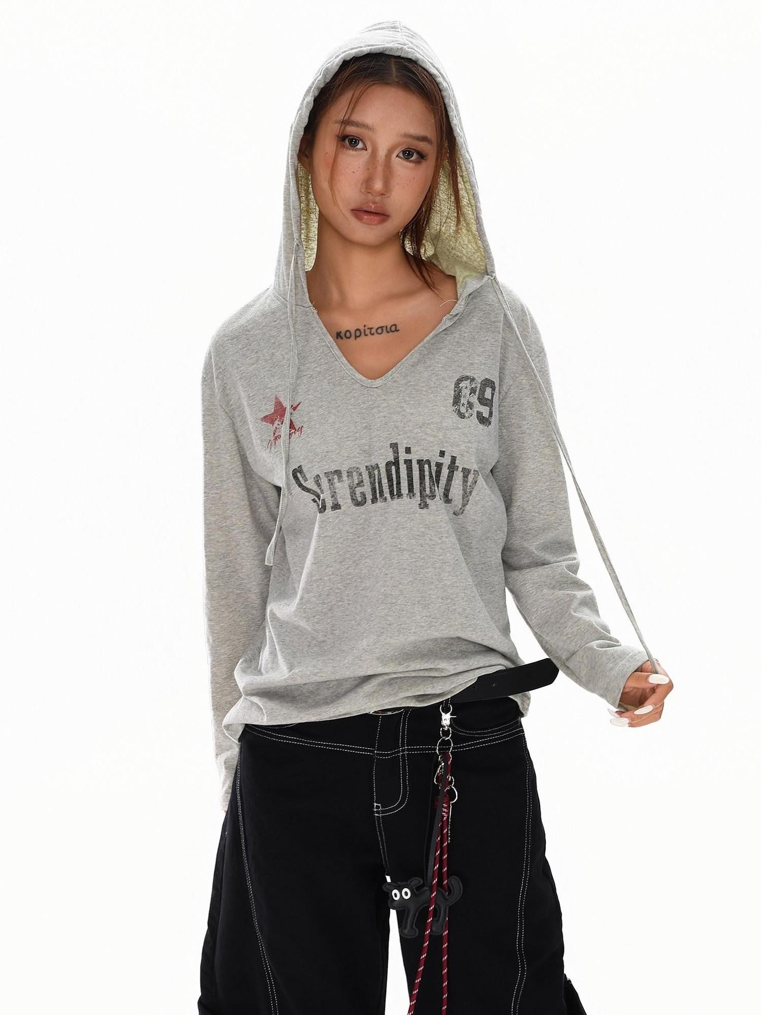 XPKAEAX Blue Gray Hooded Alphanumeric Print Slim Women's Breathable Long Sleeve T-shirts