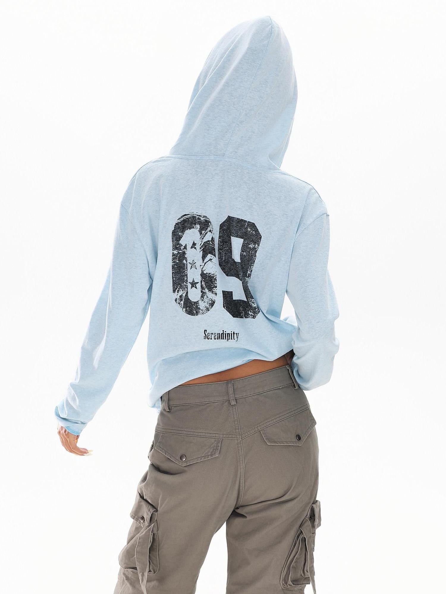 XPKAEAX Blue Gray Hooded Alphanumeric Print Slim Women's Breathable Long Sleeve T-shirts