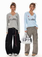 XPKAEAX Blue Gray Hooded Alphanumeric Print Slim Women's Breathable Long Sleeve T-shirts