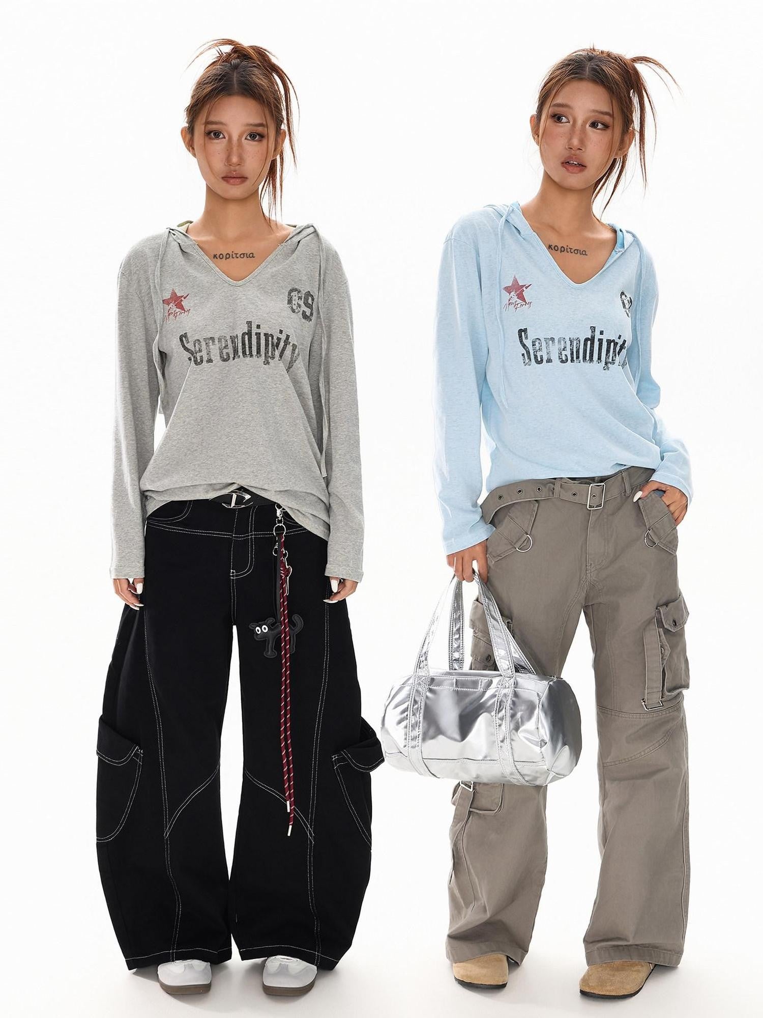 XPKAEAX Blue Gray Hooded Alphanumeric Print Slim Women's Breathable Long Sleeve T-shirts